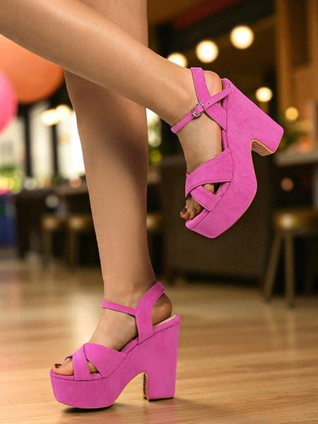 - Hot Pink Suede with Platform Ankle Sandals Strap Women's FashionChic