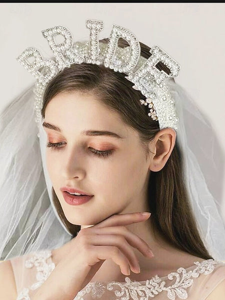 – with Pearl-Embellished Headband Veil 'BRIDE' FashionChic