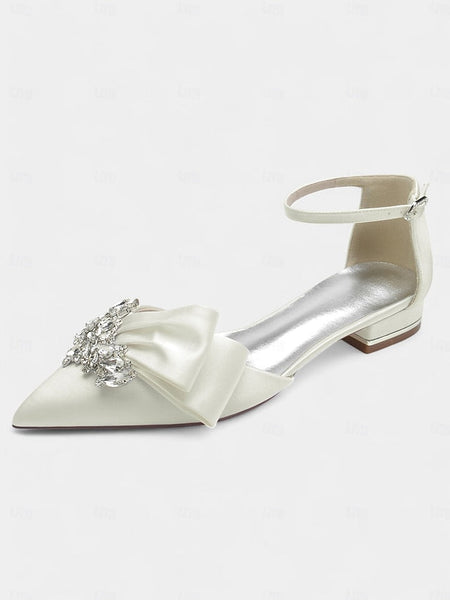 Bow with Pointed-Toe and Satin Rhinestone Ankle White Heels FashionChic