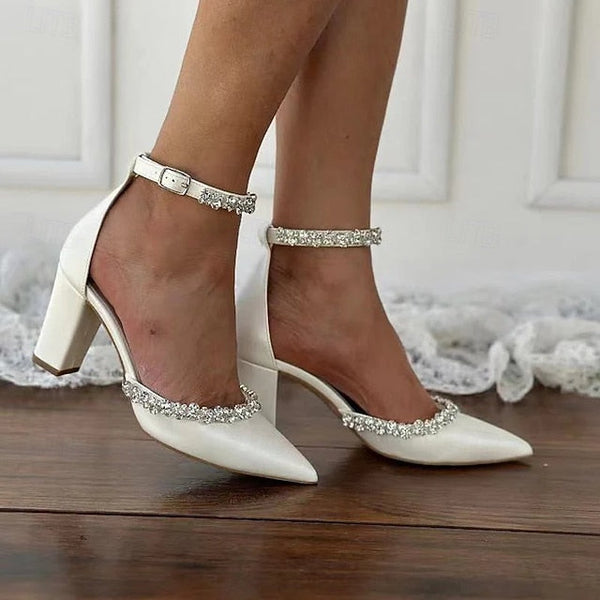 Toe Pointed – White Block Wedding Heel Shoes with Women's FashionChic