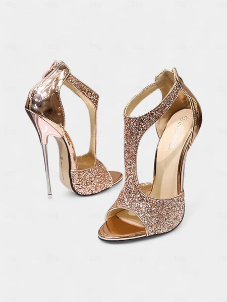 Glitter Stiletto Gold for with Toe Heels T-Strap and Design Open FashionChic