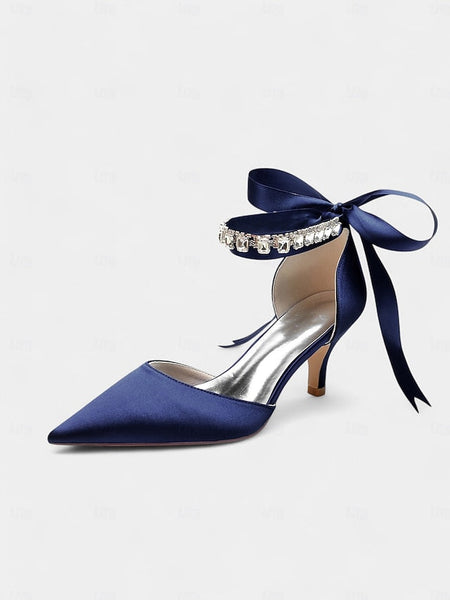Ankle Blue Pointed-Kitten Strap Heels Satin and with Rhinestone FashionChic