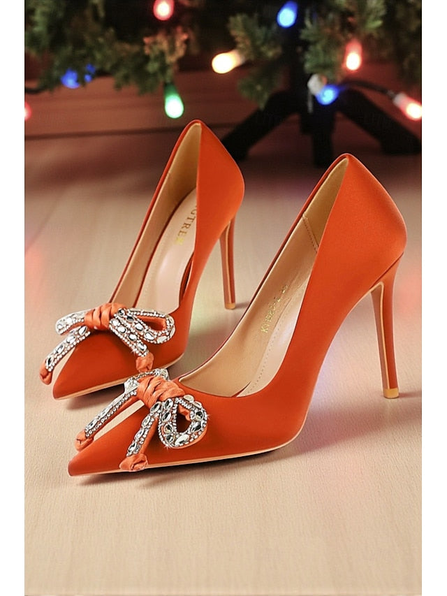 with Women's Heels Pointed Crystal - Bow Stiletto Orange FashionChic