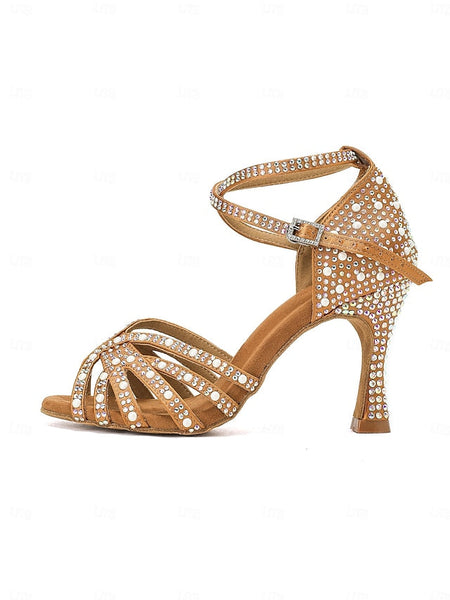 High Latin Rhinestone-Embellished Tan Sandals with Heel Dance FashionChic