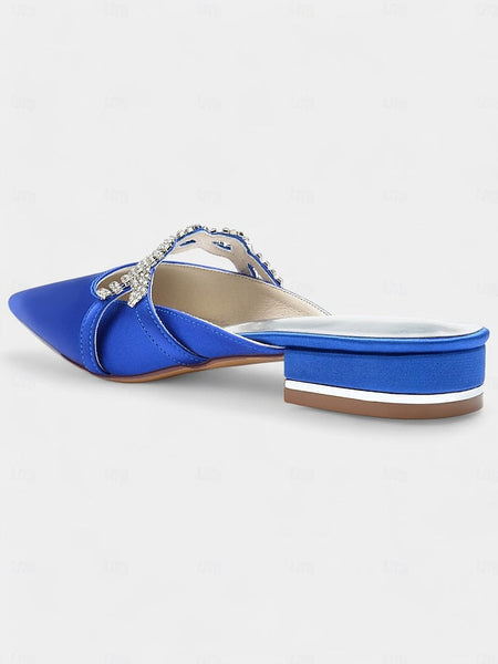 Satin - Pointed-Toe Rhinestone Detailing Blue with Heels Mule FashionChic