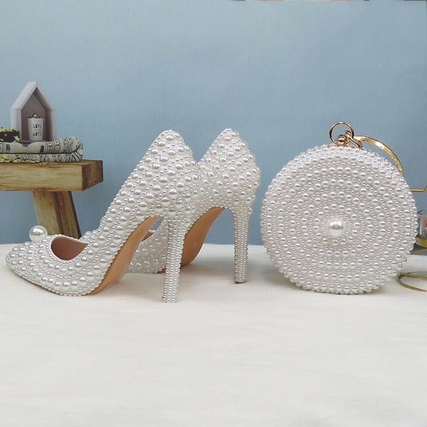 Pearl-Embellished Set Pearl White Stiletto Purse Round and Heels FashionChic