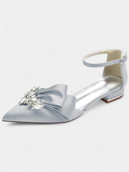 Bow with Pointed-Toe and Satin Rhinestone Ankle White Heels FashionChic
