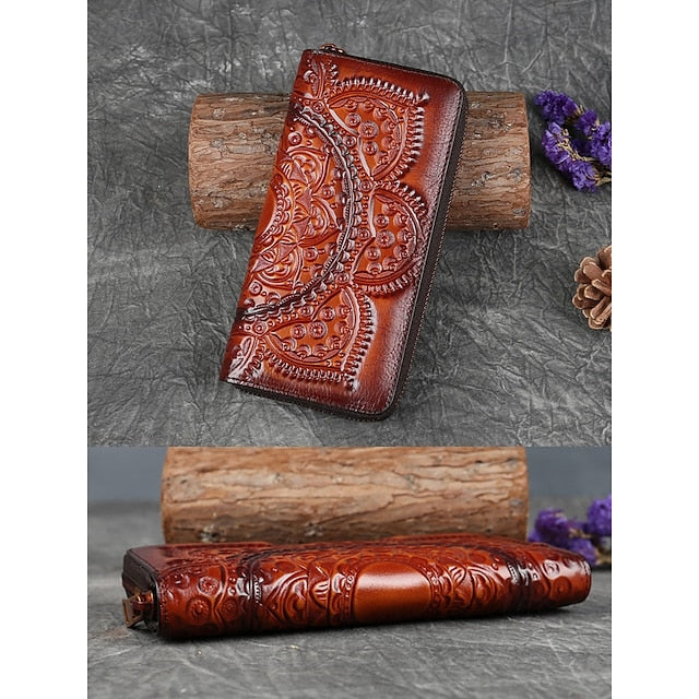Handmade with elegant mandala leather wallet continental pattern FashionChic