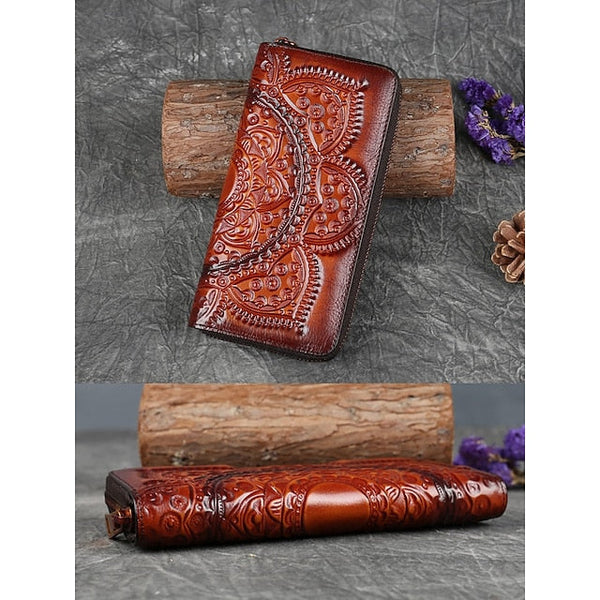 Handmade with elegant mandala leather wallet continental pattern FashionChic