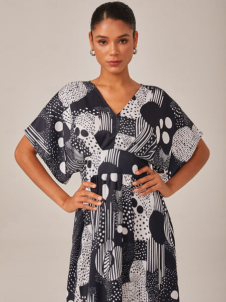 Women's Midi Dress Chiffon Black-white Short Sleeves