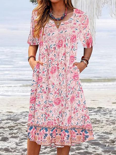 Women's Pink Dress Floral Graphic Print V Neck Midi Dress