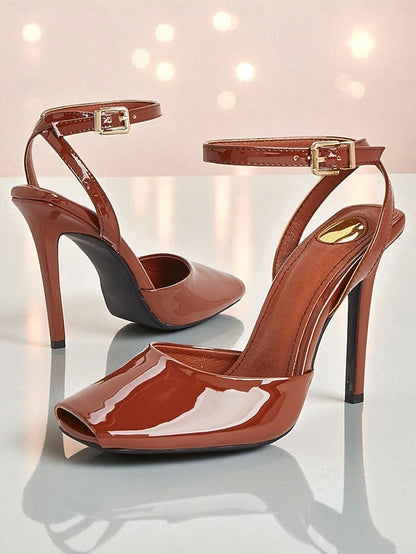 Women's Toe Peep Heels Patent - Dark High Green Leather FashionChic