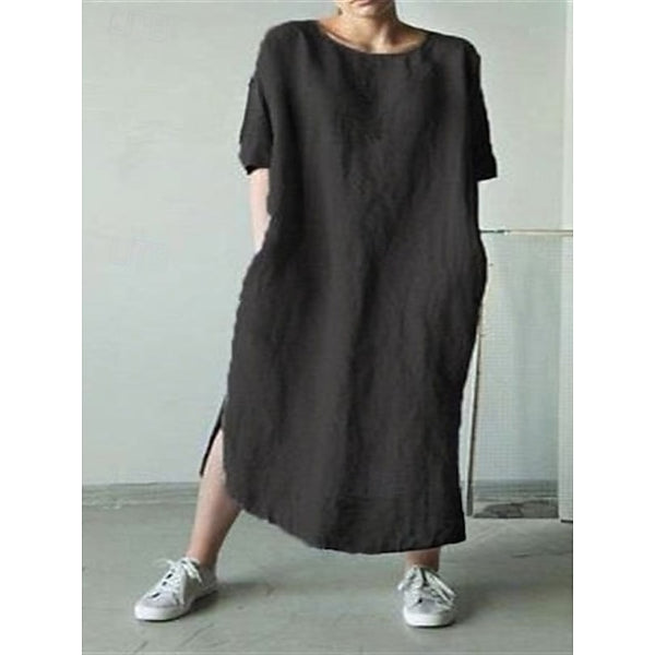 Women's Cotton Linen Midi Dress Shift Dress Summer Dress