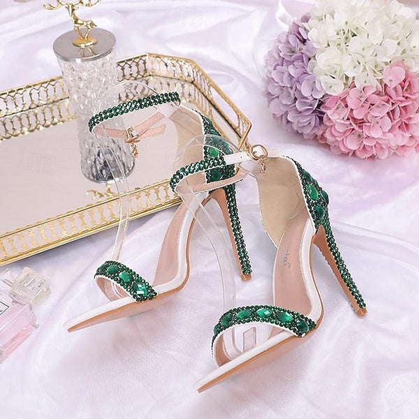 Ankle Stiletto Matching with Women's Heels Green Rhinestone FashionChic