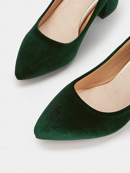 Elegant Block Pointed Pumps Green - Women's Heel Toe Velvet FashionChic