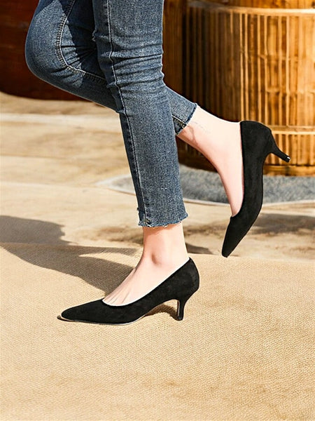 Suede with Women's Pointed-Toe Kitten Emerald Pumps Green FashionChic