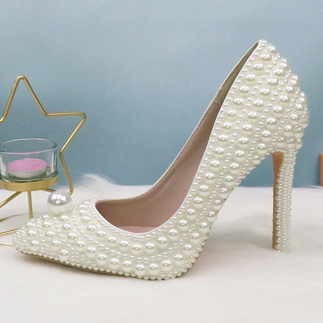 Pearl-Embellished Set Pearl White Stiletto Purse Round and Heels FashionChic