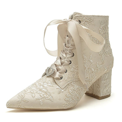 Women's Lace-Up Bridal Embroidered Floral White – Booties FashionChic