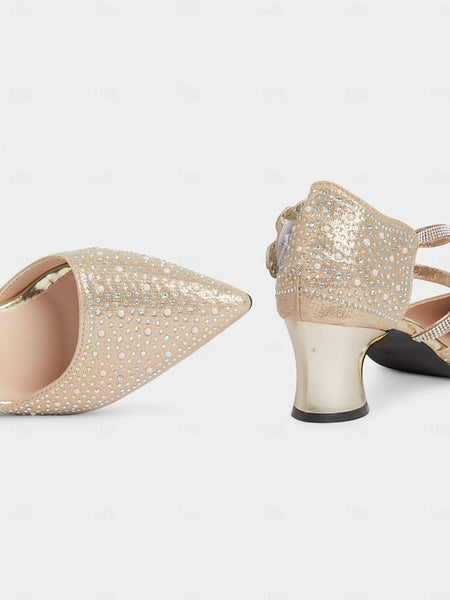 Glitter Rhinestone Low Heel Women's Toe Pointed Ankle Strap FashionChic