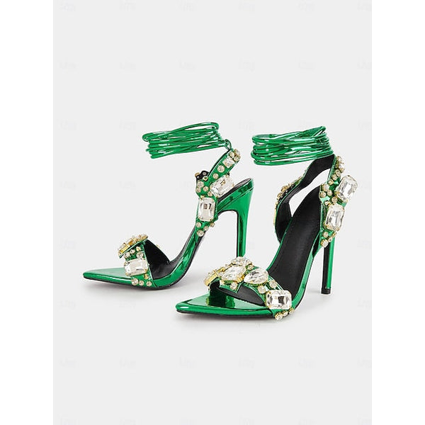 Heels Women's Stiletto with Green Metallic Lace-Up FashionChic