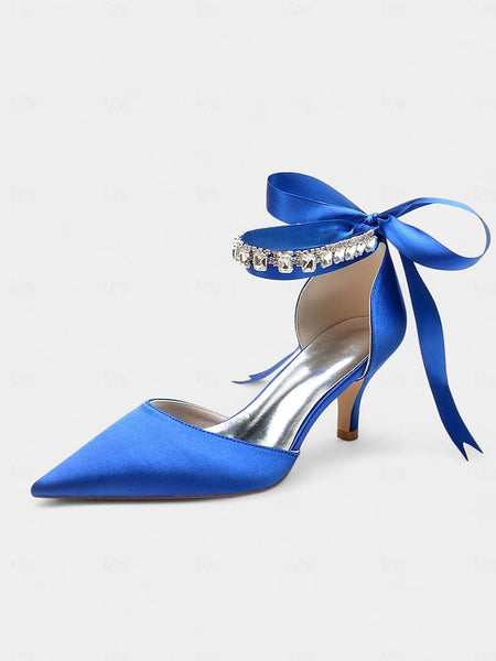and Strap Blue Satin with Rhinestone Pointed-Kitten Ankle Heels FashionChic