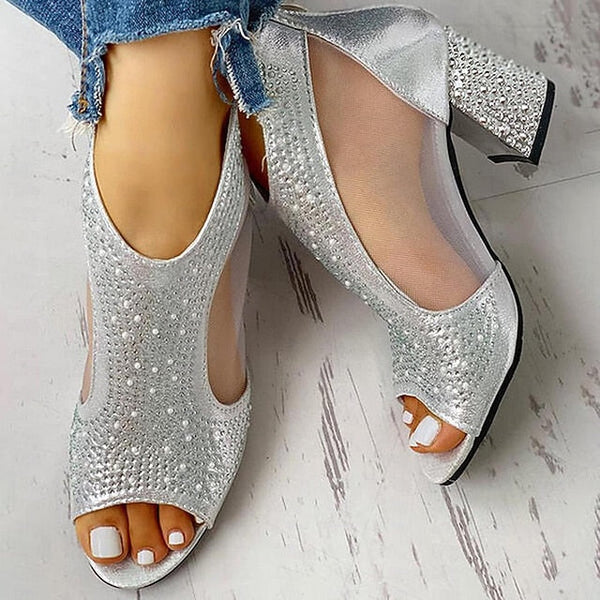 Glitter Sandals Peep Elegant Heeled with Gold Toe Women's FashionChic