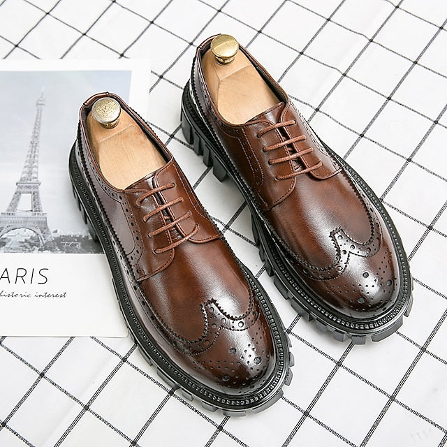 Brogue – Brown Chunky Sole Leather Shoes Faux Men's FashionChic