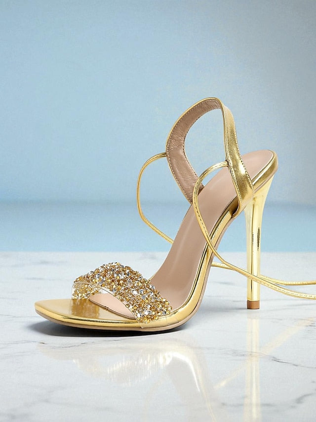 Heels Straps Gold Rhinestone Lace-Up Stiletto Women's with FashionChic