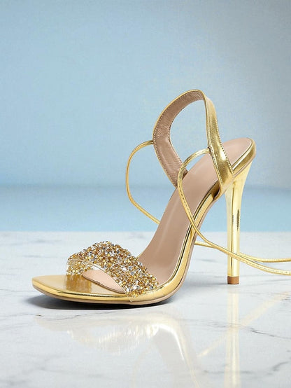 Heels Straps Gold Rhinestone Lace-Up Stiletto Women's with FashionChic