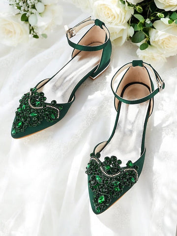 Flats – Green Embellished Vintage Gemstone Pointed-Toe Style FashionChic