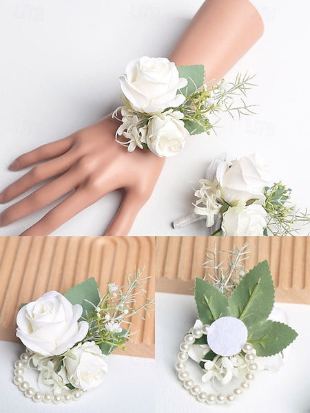 White Boutonniere and Set Corsage Rose – Wrist Elegant FashionChic