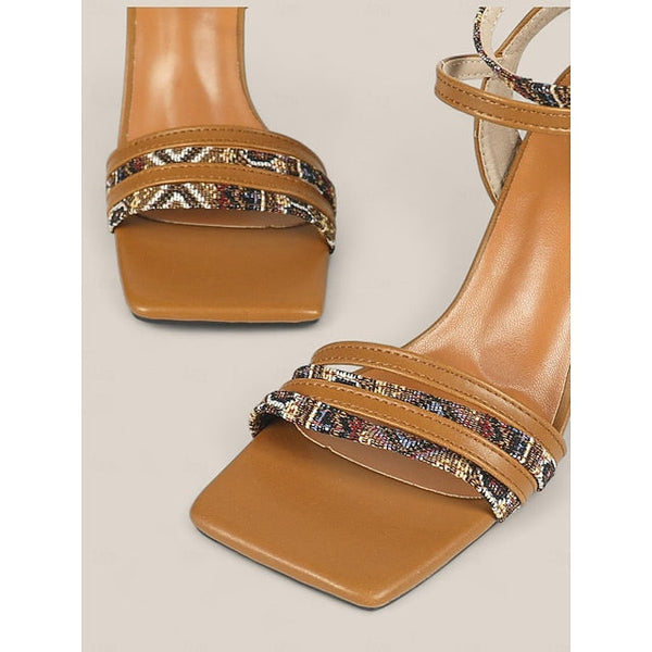 Patterned Strap Boho-Chic Textured with Block Women's Heels FashionChic