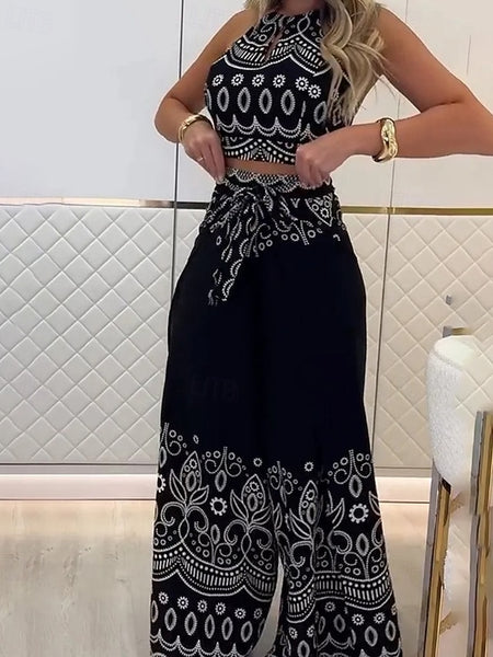 Women's Active Boho Blouse Pants Sets Sleeveless Halter