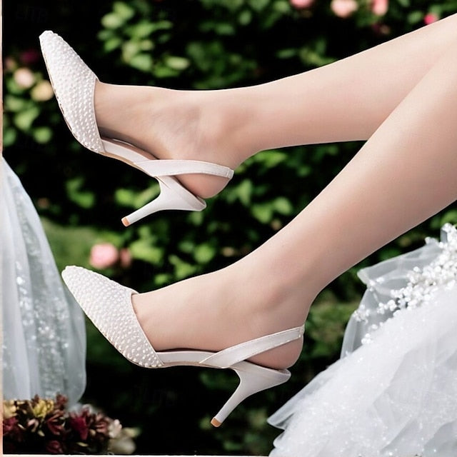 with Pearl Women's Slingback Embellishments White – Heels FashionChic