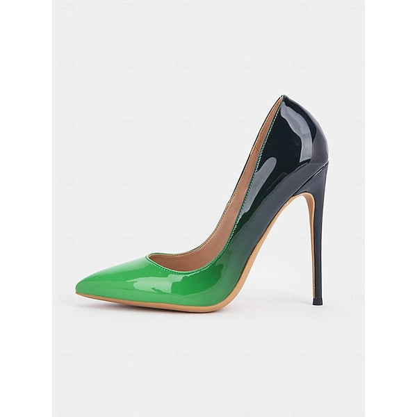 Pointed Leather Toe Pumps Women's Black Patent Green FashionChic