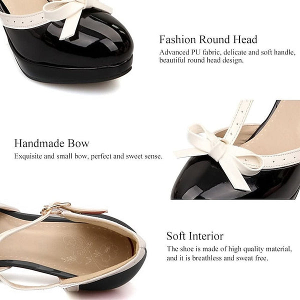 High T-Strap Patent Heels Women's Black White Leather with FashionChic