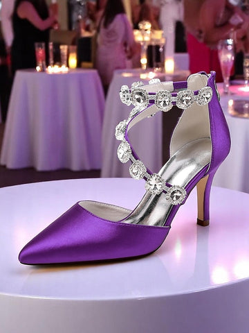 with Ankle Purple Women's Satin Heels Crystal Stiletto FashionChic