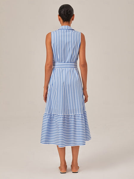 Summer Striped Embroidered Sleeveless Mid-length Dress