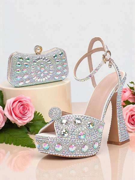 with Heel Women's Matching Rhinestone Platform Sandals High FashionChic