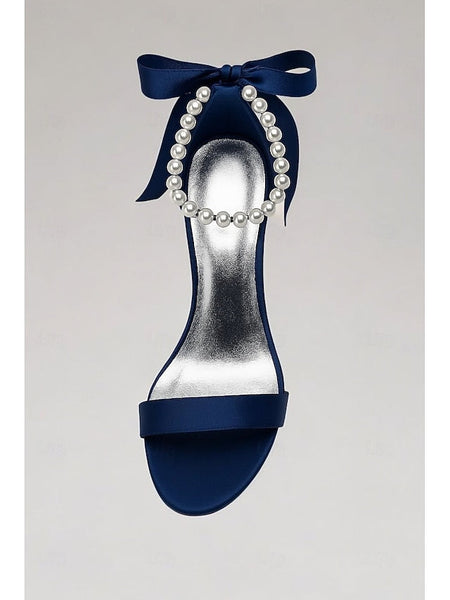 High – Ankle Satin Navy Pearl Heel Sandals Women's Strap FashionChic