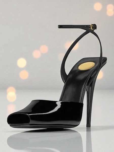 Women's Toe Peep Heels Patent - Dark High Green Leather FashionChic