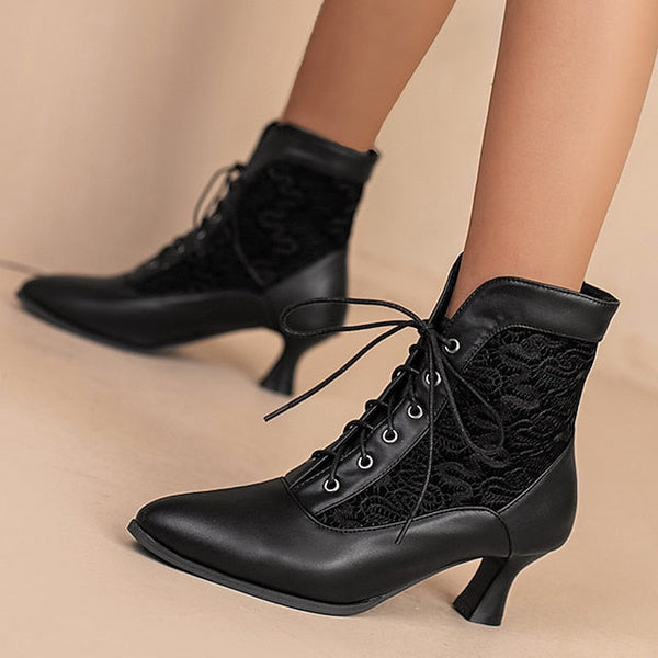 White Ankle Lace-Up Embroidered with Boots Women's Panels FashionChic