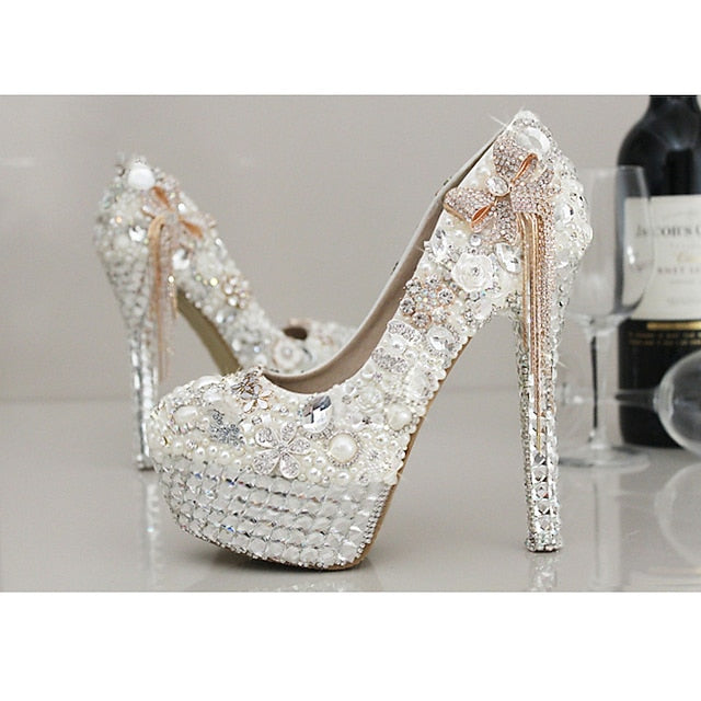 White Women's Platform Pearl Rhinestone Embellished and FashionChic