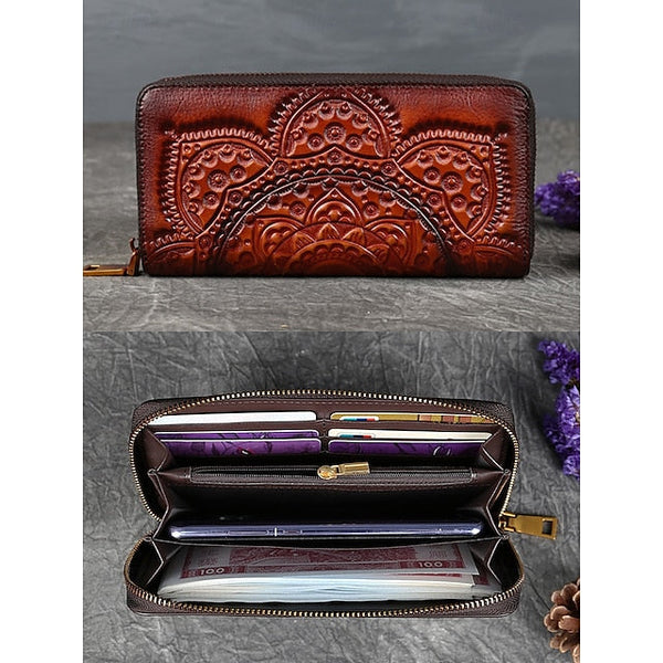 Handmade with elegant mandala leather wallet continental pattern FashionChic