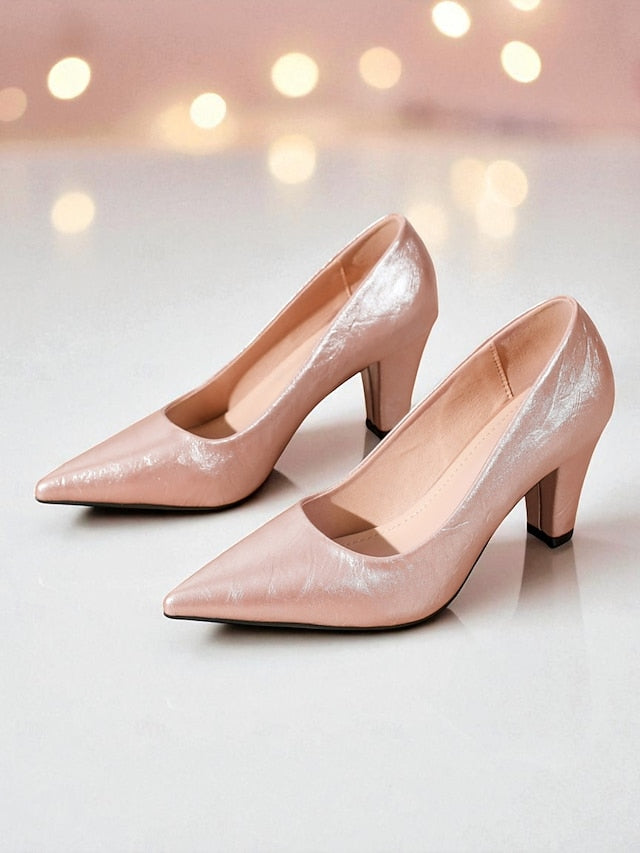 Heel Block Toe Women's Party Glossy Nude Pointed Pumps - FashionChic
