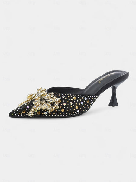 Slip-On Toe Glitter Pointed Rhinestone Mules - Women's FashionChic