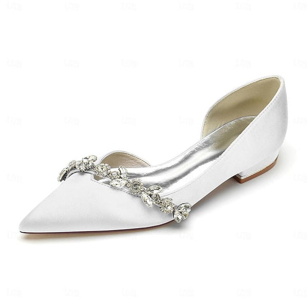 Satin White Wedding with Shoes Pointed Toe Flat Crystal and FashionChic