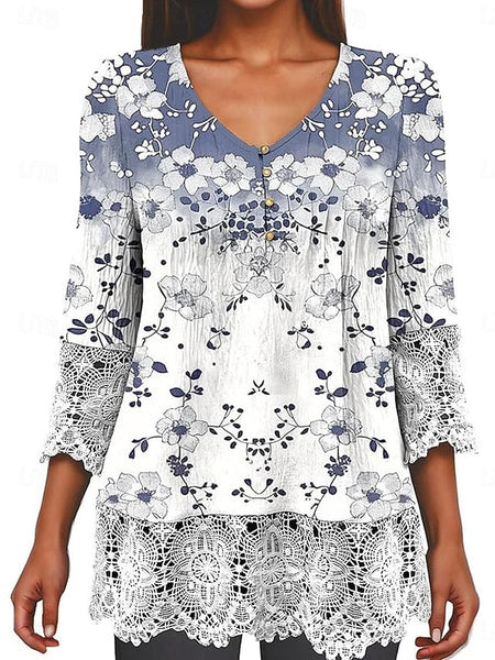 Women's Elegant Lace Tops Eyelet Blouse Casual Ombre Floral FashionChic