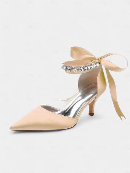 and Strap Blue Satin with Rhinestone Pointed-Kitten Ankle Heels FashionChic