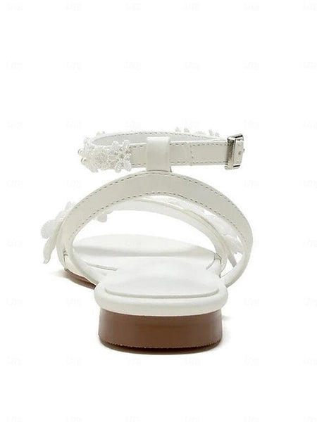 Block Flats Straps Ankle Sandals with Open-Toe Floral White Lace FashionChic